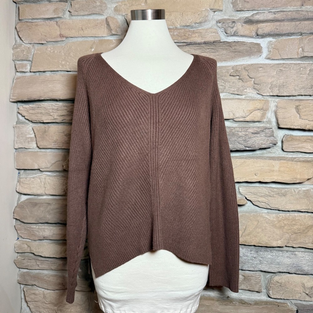 Abercrombie & Fitch Brown Ribbed Knit V Neck Long Sleeve Sweater Womens Large
